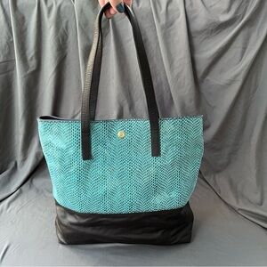 JPK Paris 75 Aqua Blue Snakeskin Embossed Cowhide Black Pebble Leather Tote NWOT